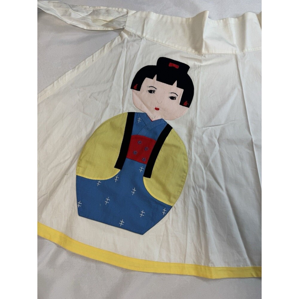 Vintage White Half Apron Yellow Trim Handmade Japanese Geisha Kokeshi Doll